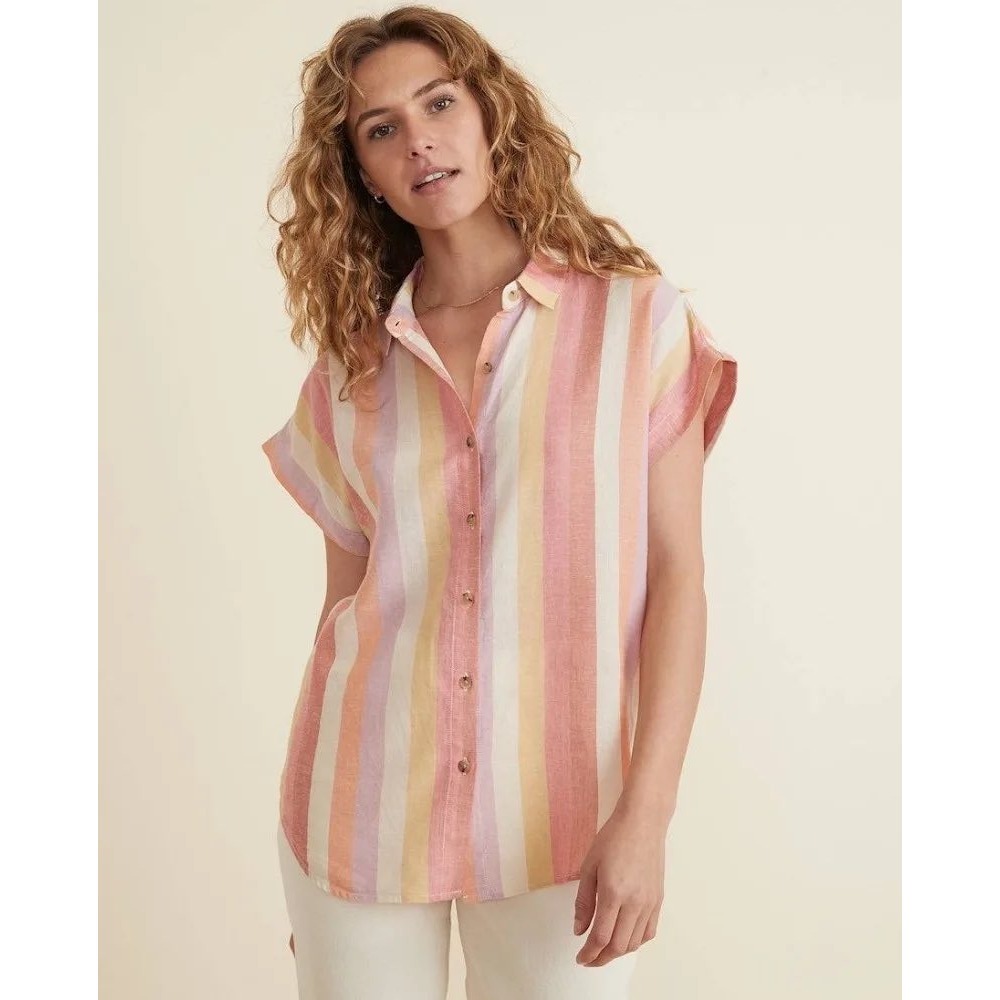 Marine Layer Dana Stripe Shirt Womens Small Linen Blend Button Front Summer